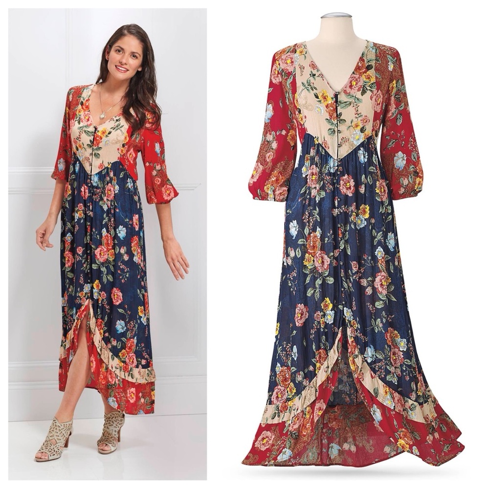 Bohemian Garden Pieced Multi Floral Dress, Button Front, High/Low Hem Large
